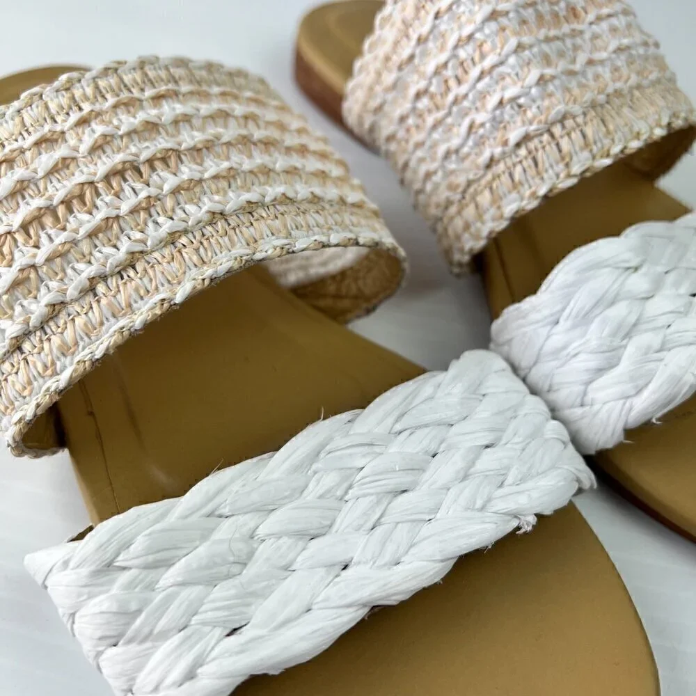 Kaanas Tahiti Slide Sandals Size 8 White Multi Handwoven Double Straps